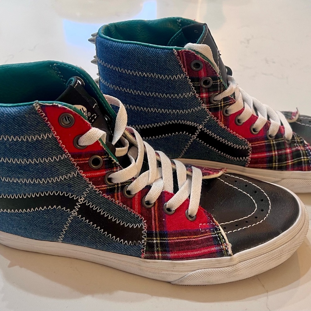 Vans High-Top Sneakers with Plaid, Denim and Studs